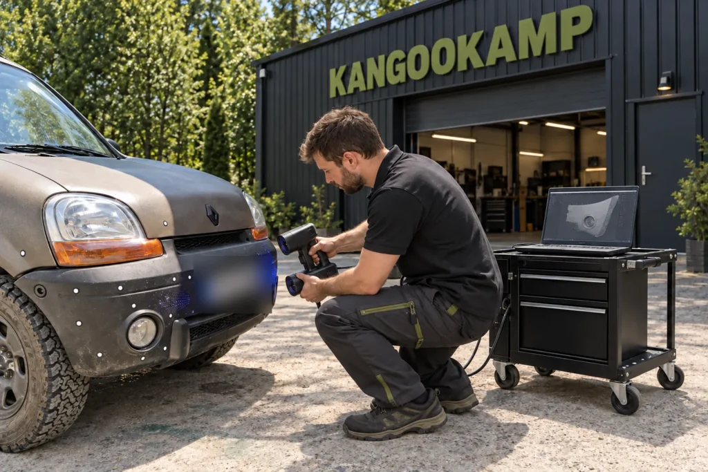 Skanowanie 3D przodu Renault Kangoo przed warsztatem KangooKamp